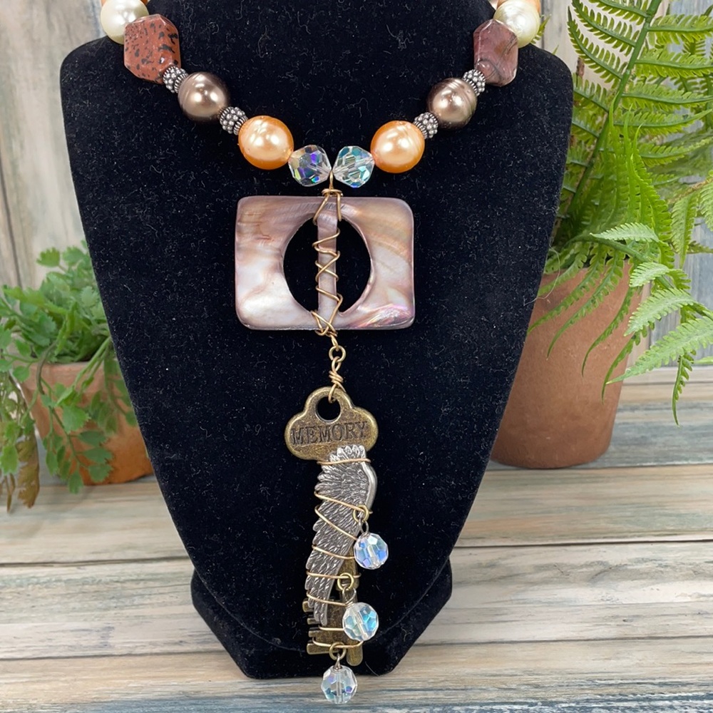 🌟Adorned Crown Artisan assemblage shell buckle skeleton key necklace